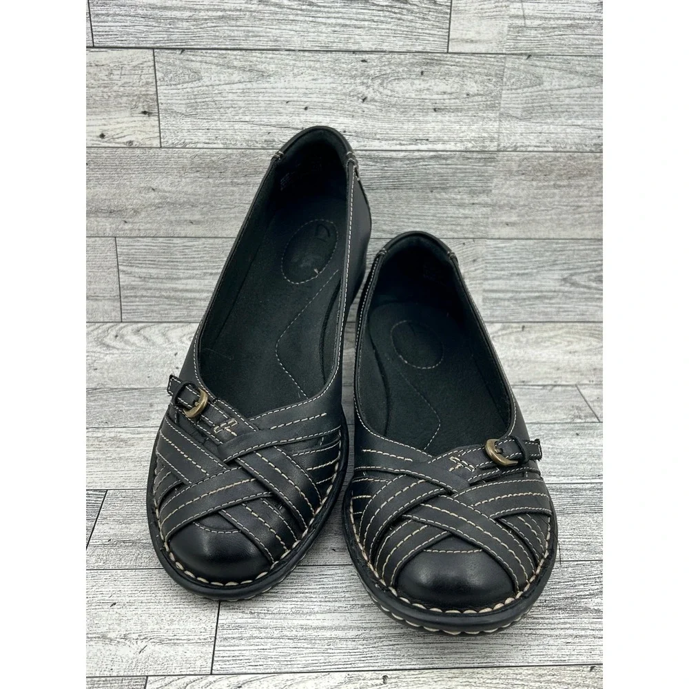Clarks Bendables Black Leather Woven Buckle Loafers Shoes‎ 65085 Women 7M